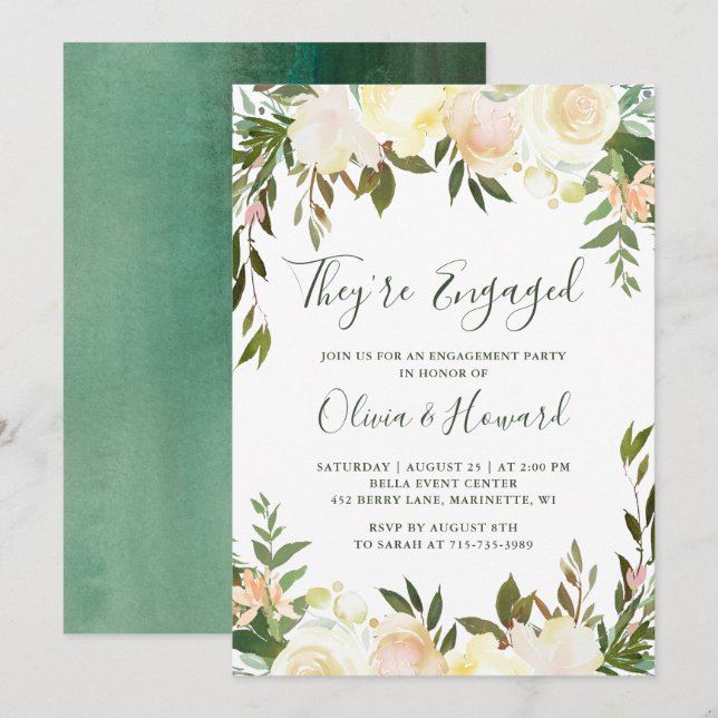 Greenery Watercolor Ivory Floral Engagement Party Invitation (Front/Back)