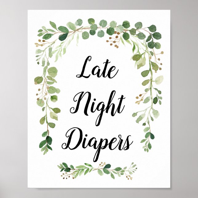 Greenery Watercolor  Late Night Diapers Sign (Front)