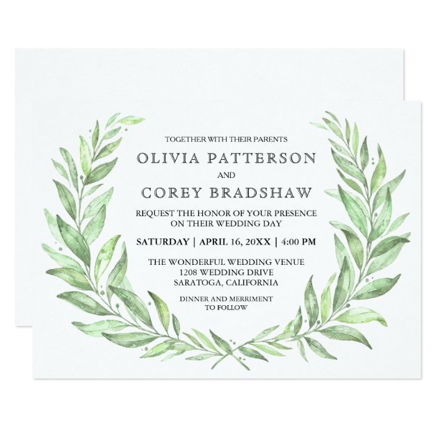 Greenery Watercolor Laurel Wreath Wedding Invitation