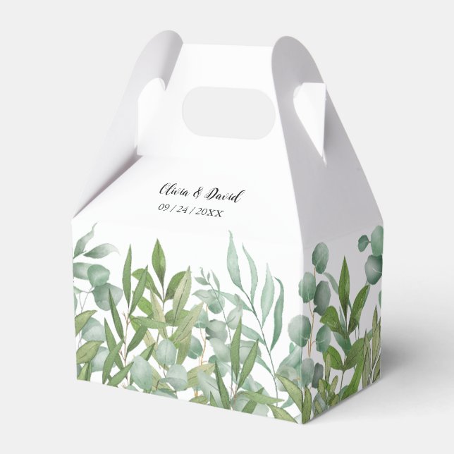 Greenery Watercolor Leaf Wedding Favor Box (Front Side)