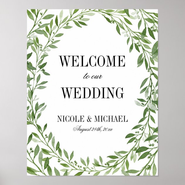 Greenery Watercolor Leaf Wreath Wedding Welcome Poster