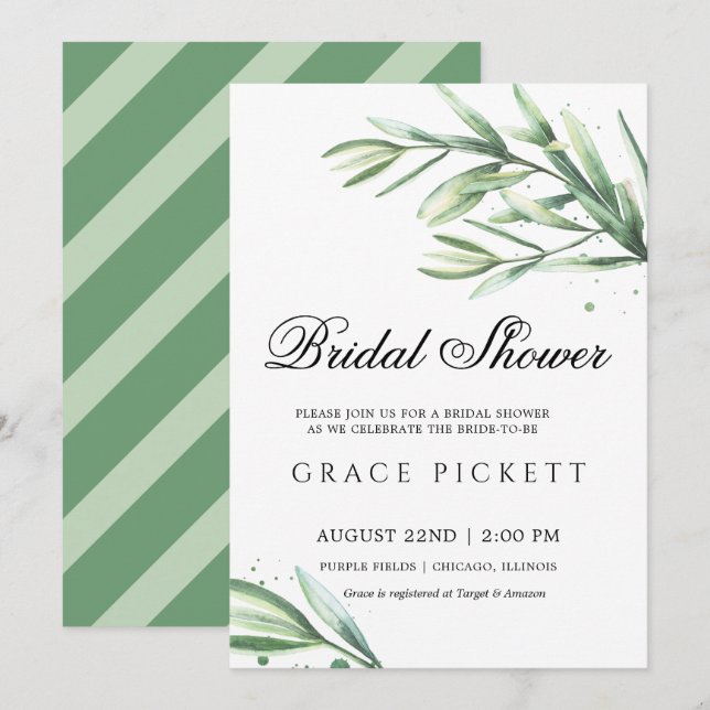 Greenery Watercolor Leafy Bridal Shower Invitation (Front/Back)