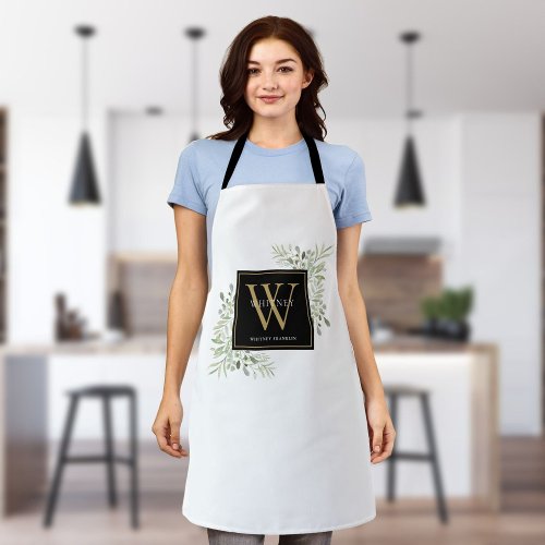 Greenery Watercolor Leaves Black Gold Monogram Apron