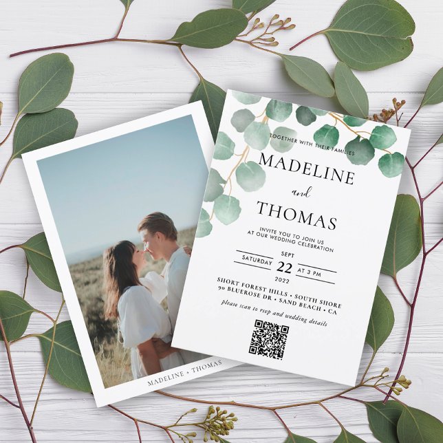 Greenery Watercolor Leaves Photo Qr Code Wedding Invitation (Creator Uploaded)