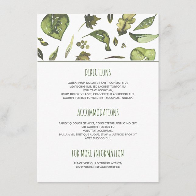 Greenery Watercolor Leaves Wedding Details Enclosure Card (Front)