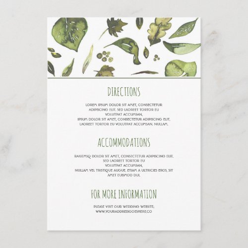 Greenery Watercolor Leaves Wedding Details Enclosure Card - Wedding INSERT - directions - accommodations and information card / guest information card / wedding details with watercolor leaves