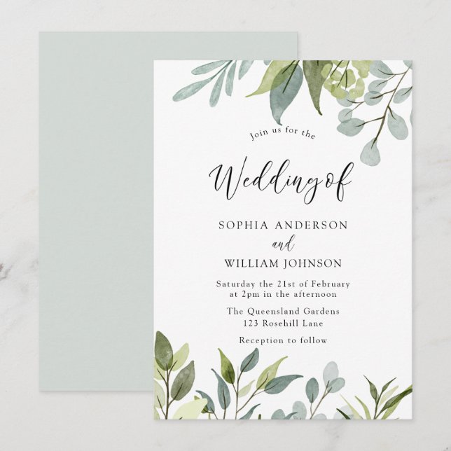 Greenery Watercolor Leaves Wedding Invitation (Front/Back)
