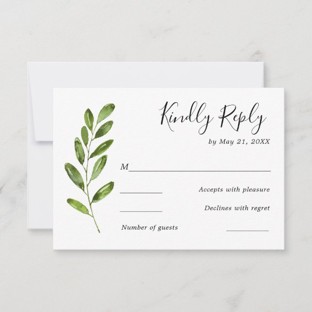 Greenery Watercolor Leaves Wedding RSVP Card (Front)