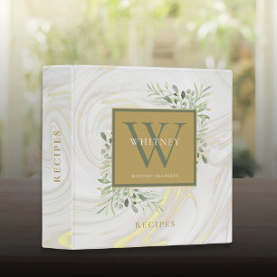 Greenery Watercolor Marble Monogram Recipe 3 Ring Binder