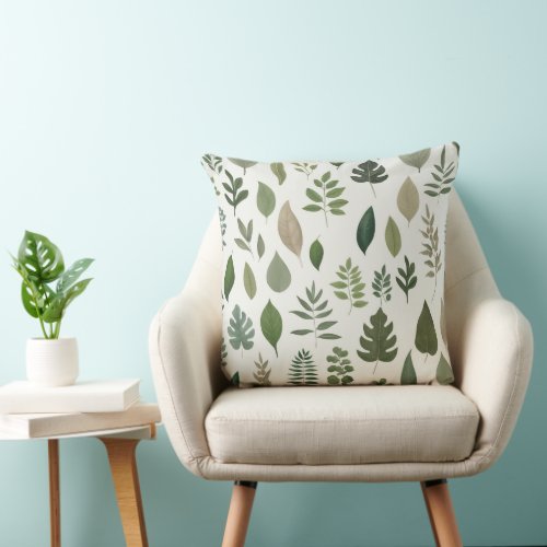 Greenery Watercolor Minimalist Botanical Leaves  Throw Pillow