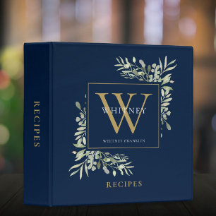 Greenery Watercolor Monogram Gold Navy Blue Recipe 3 Ring Binder
