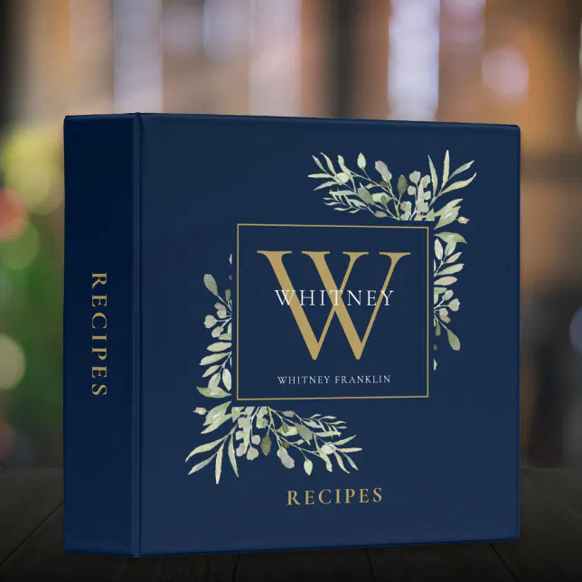 Greenery Watercolor Monogram Gold Navy Blue Recipe 3 Ring Binder | Zazzle