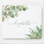 Greenery Watercolor Monogrammed Mouse Pad<br><div class="desc">A beautiful monogrammed mouse pad with watercolors of light green eucalyptus leaves and greenery with gold glitter accents. Personalize with your name in a sage green script with swashes.</div>
