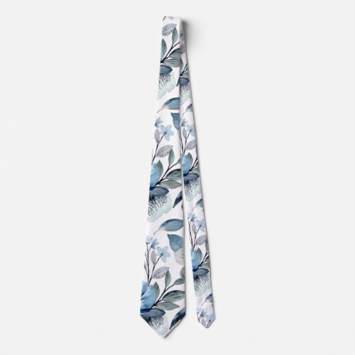 Greenery Watercolor Navy Blue Floral Patten Neck Tie