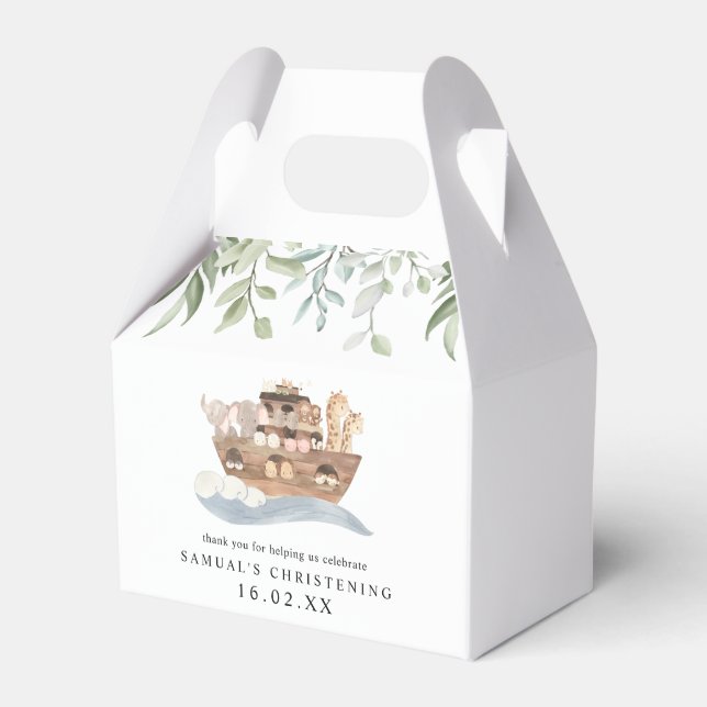 Greenery Watercolor Noah's Ark Christening  Favor Boxes (Front Side)