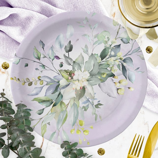 Greenery Watercolor Purple Lavender Bridal Shower Paper Plates (Creator Uploaded)
