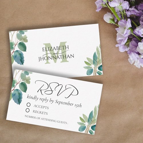 Greenery Watercolor RSVP Monogrammed Note Card