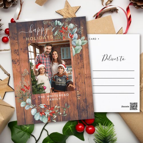 Greenery Watercolor Rustic Cherry Wood Holiday Postcard