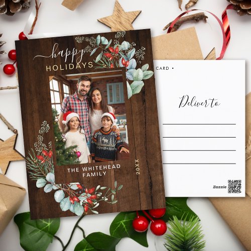 Greenery Watercolor Rustic Dark Wood Holiday Postcard