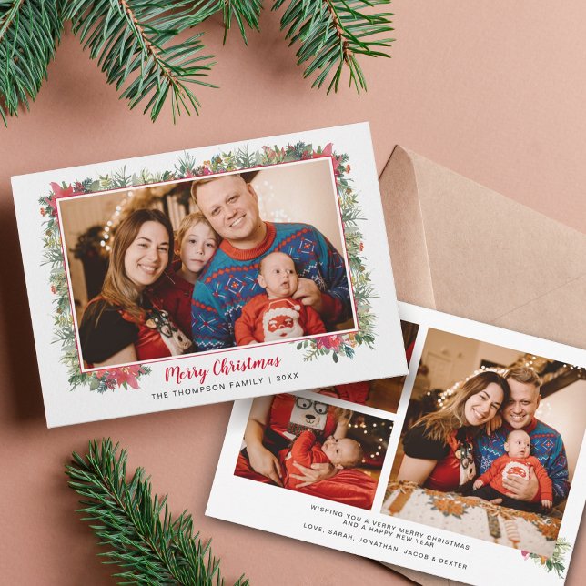 Greenery Watercolor Script Photo Collage Christmas Holiday Card (Creator Uploaded)