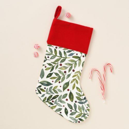 Greenery watercolor seasonal branches and berries christmas stocking