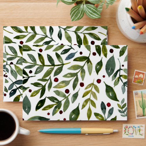 Greenery watercolor seasonal branches and berries envelope