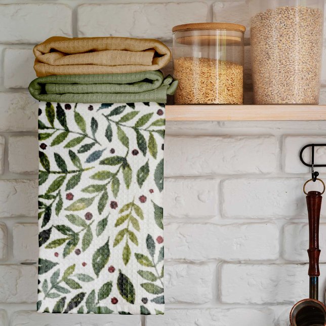 Greenery watercolor seasonal branches and berries kitchen towel (Creator Uploaded)