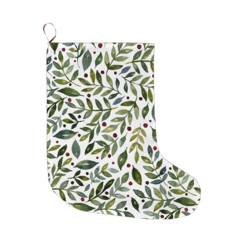 Greenery watercolor seasonal branches and berries large christmas stocking