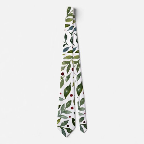 Greenery watercolor seasonal branches and berries neck tie