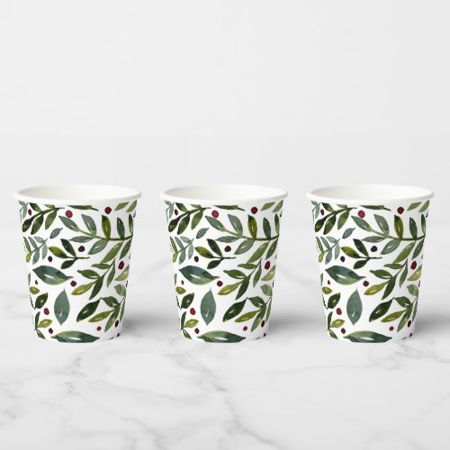 Greenery watercolor seasonal branches and berries paper cups