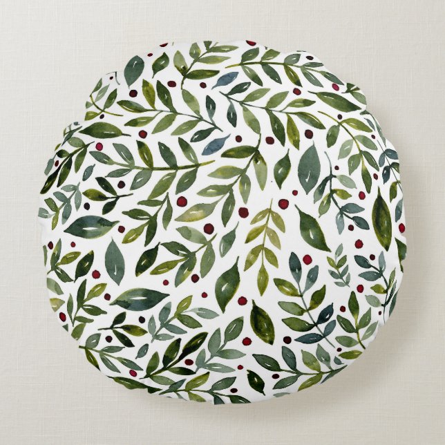 Greenery watercolor seasonal branches and berries  round pillow (Front)