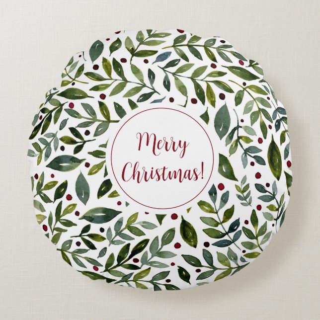 Greenery watercolor seasonal branches and berries round pillow (Front)