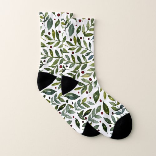Greenery watercolor seasonal branches and berries socks