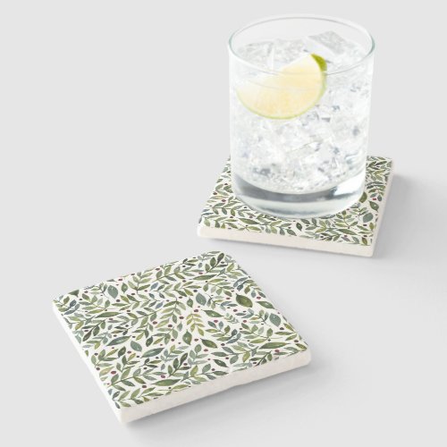 Greenery watercolor seasonal branches and berries stone coaster