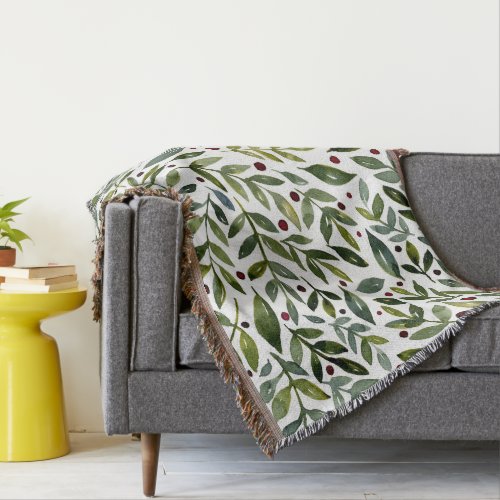 Greenery watercolor seasonal branches and berries throw blanket