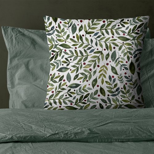 Greenery watercolor seasonal branches and berries throw pillow