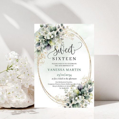 Greenery Watercolor Sweet 16 Birthday Invitation