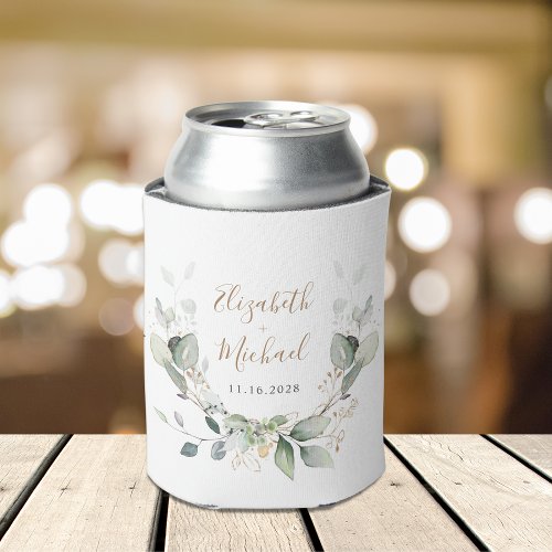 Greenery Watercolor Wedding Can Cooler