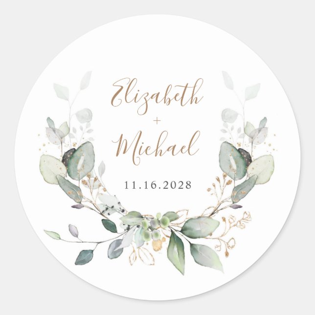 Greenery Watercolor Wedding Classic Round Sticker (Front)