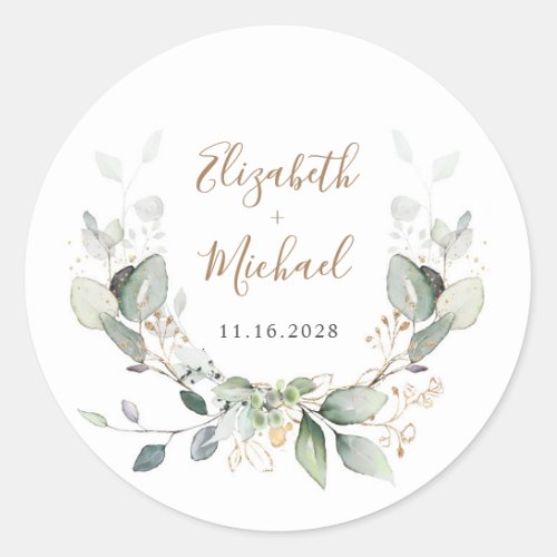 Greenery Watercolor Wedding Classic Round Sticker