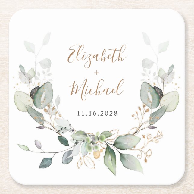 Greenery Watercolor Wedding Square Paper Coaster (Front)