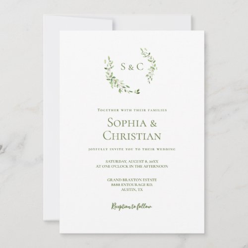 Greenery Watercolor Wreath Monogram Wedding Invitation