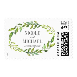 Greenery Watercolor Wreath Wedding Postage Stamps at UniqueRusticWeddingInvitations.com