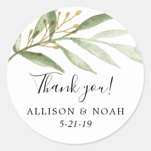 Greenery watercolors green gold leaves favor classic round sticker