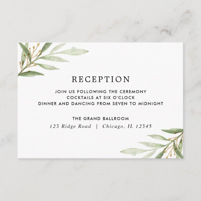 Greenery watercolors green gold leaves reception enclosure card (Front)