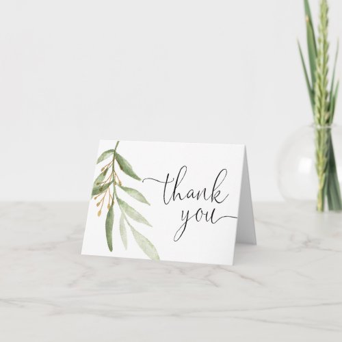 Greenery watercolors green gold simple leaves thank you card