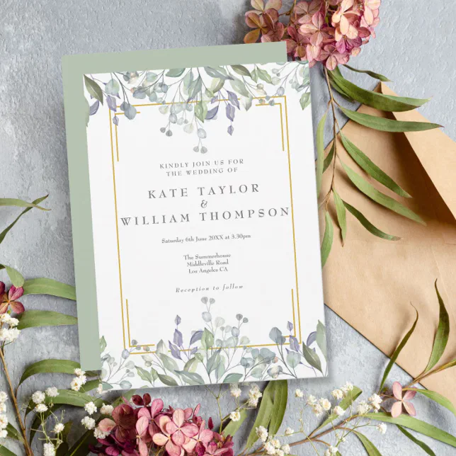 Greenery Watercolour Floral Sage Lilac Wedding Invitation | Zazzle