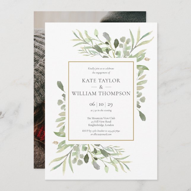 Greenery Watercolour Photo Engagement Invitation (Front/Back)