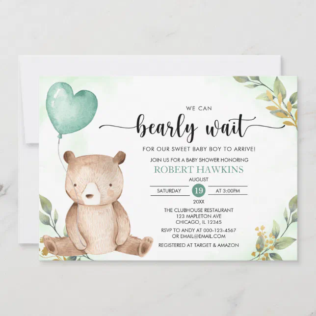 Greenery We Can Bearly Wait Teddy Bear Baby Shower Invitation | Zazzle