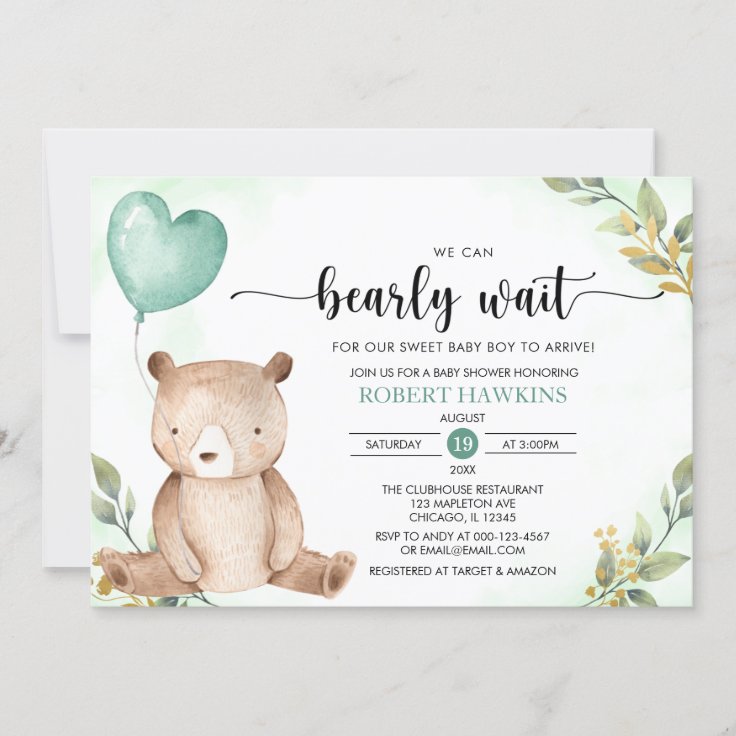 Greenery We Can Bearly Wait Teddy Bear Baby Shower Invitation | Zazzle